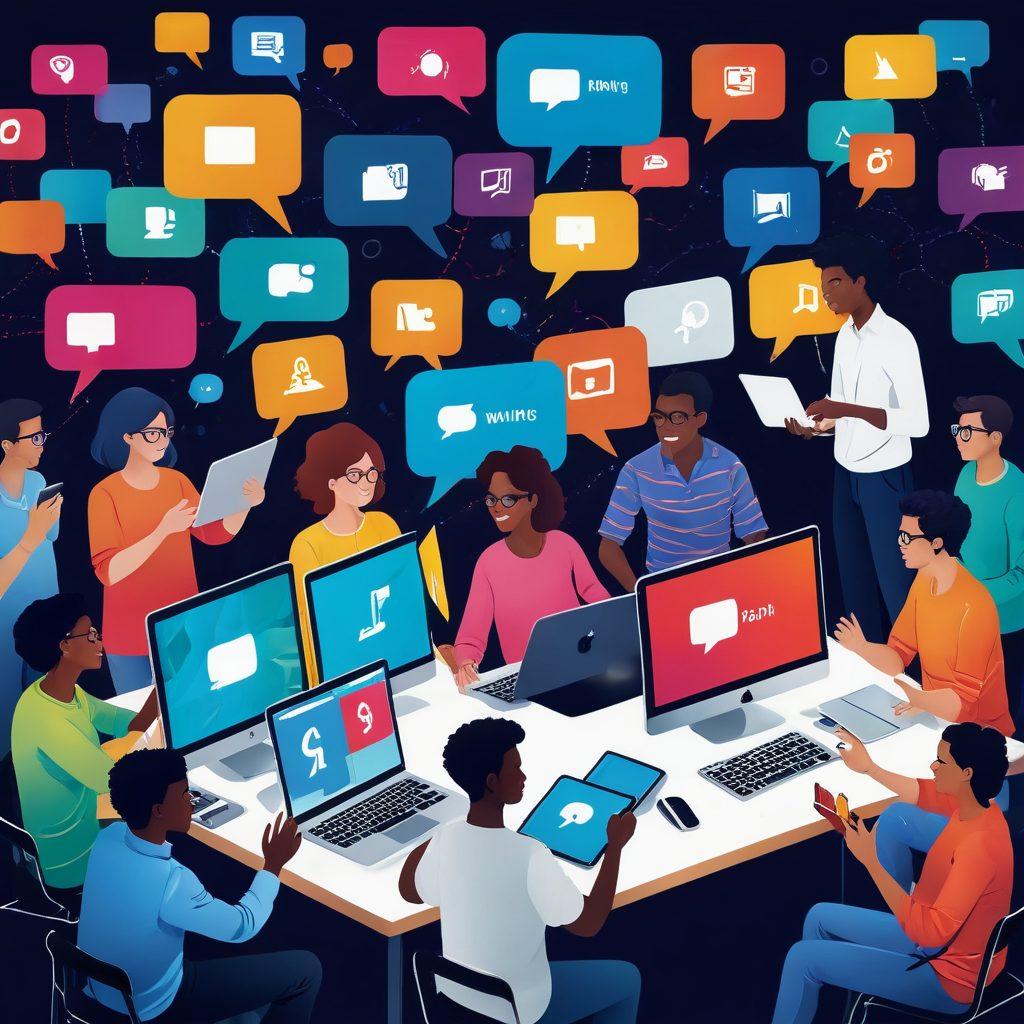 Visualize a diverse group of passionate bloggers gathered around a vibrant digital interface, collaborating and sharing ideas. Use bright colors to depict enthusiasm, with elements like laptops, tablets, and speech bubbles showing engagement with their audience. Include visual symbols of connection like global maps or social media icons, emphasizing a community spirit. Create an inviting atmosphere that captures the essence of interaction and innovation. vibrant colors. digital art. high contrast.