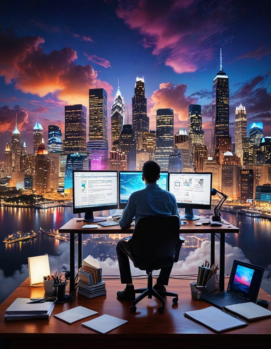 A captivating digital canvas depicting a storyteller sitting at a desk surrounded by glowing screens and swirling clouds of creative ideas. Incorporate elements like vibrant words and images floating in the air, symbolizing imagination and narrative flow. The background should feature a city skyline at dusk, representing the digital age, with bright lights reflecting creativity. Illustrate various blogging tools scattered around, inviting viewers into the art of digital storytelling. super-realistic. vibrant colors. dynamic composition.