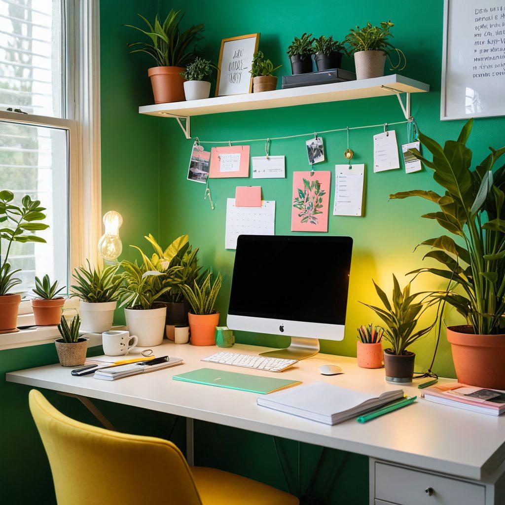 A vibrant workspace filled with colorful stationery, a laptop displaying a blogging platform, and a light bulb symbolizing creativity above. Surrounding the desk are plants and inspirational quotes on the walls. The scene is bright and inviting, promoting a sense of creativity and productivity. super-realistic. vibrant colors. soft natural light.